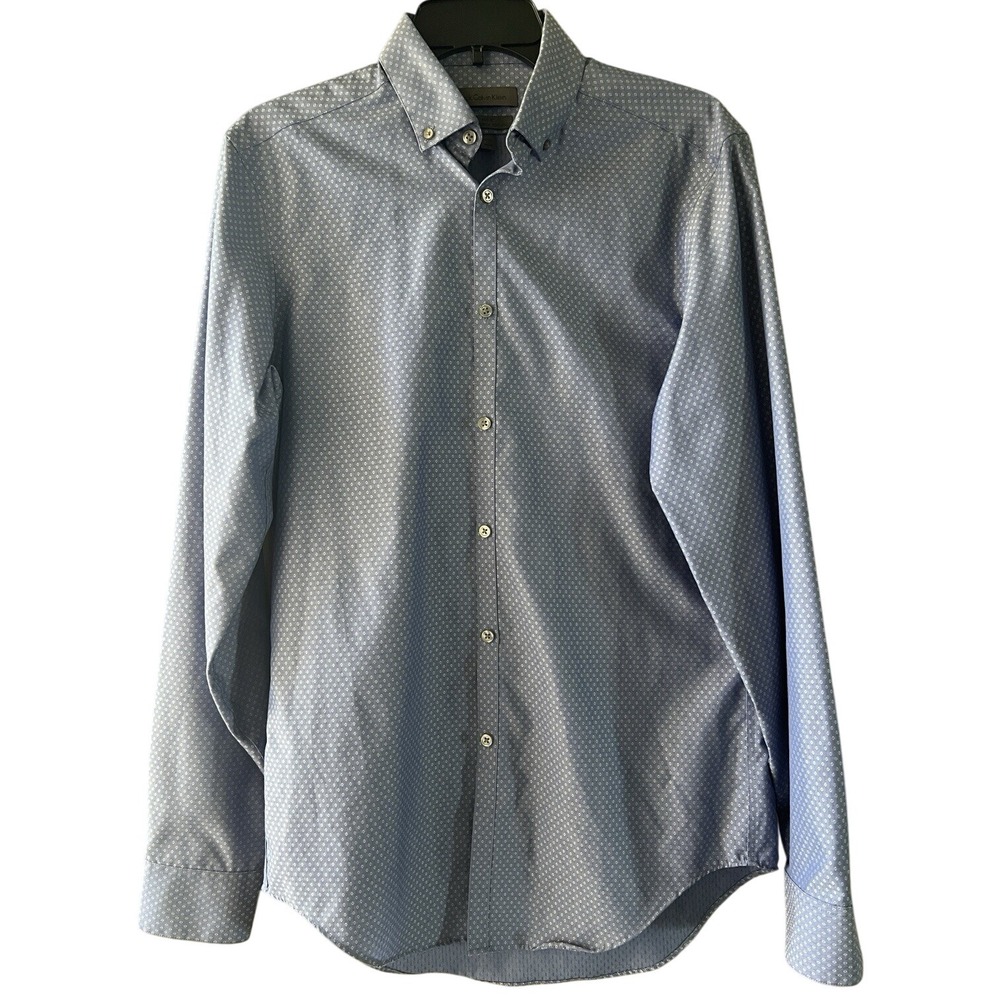 Calvin Klein Men's Shirt 15 34/35 Slim Fit Blue Geometric Pattern Button Front